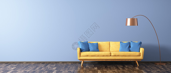 客厅的现代内部,橙色沙发铜地板灯蓝色墙壁上三维渲染图片