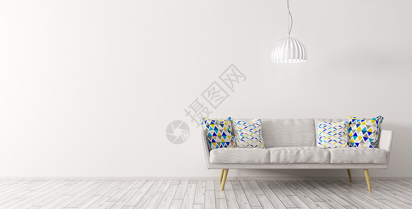 现代室内的客厅与白色沙发天花板灯白墙木地板全景三维渲染图片