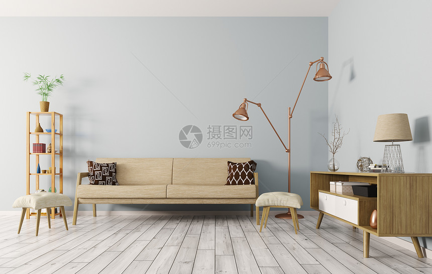 现代室内客厅米色沙发,梳妆台,灯架子三维渲染图片