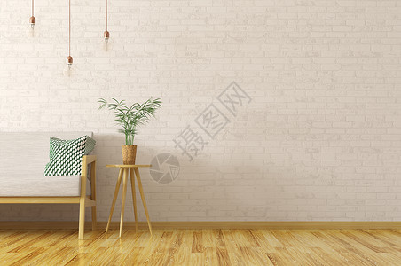 客厅内部,木桌上植物,砖墙上灰色沙发,斯堪的纳维亚风格,三维渲染图片