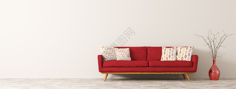 现代室内客厅红色沙发,白色靠垫花瓶与全景三维渲染背景图片