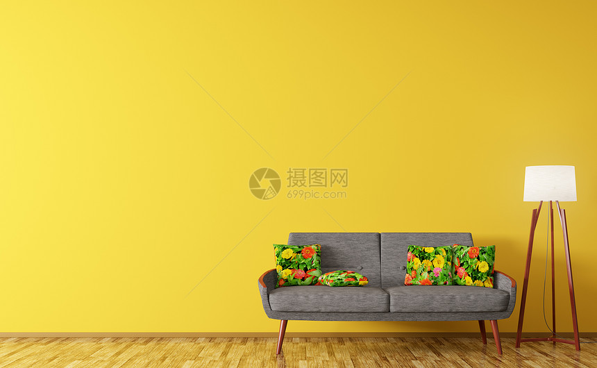 现代室内客厅,沙发与花卉图案垫子,落地灯橙色墙壁上三维渲染图片