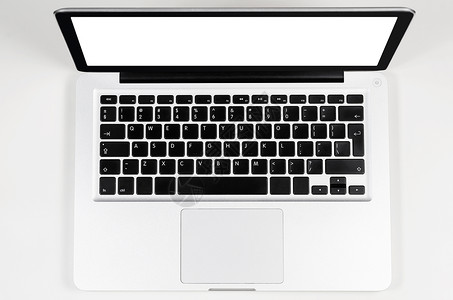 笔记本黑色现代笔记本电脑,俯视图现代笔记本电脑,白色桌子上空白屏幕,看背景