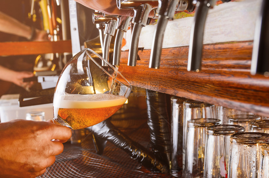 酒保用手酒吧的水龙头把生啤酒倒璃上酒吧男招待正水龙头供应啤酒图片