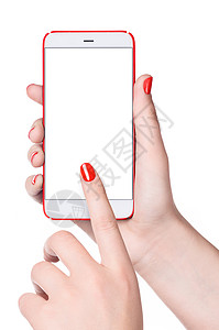 手里着女智能手机女手机现代无边框智能手机与空白屏幕女手隔离白色背景图片