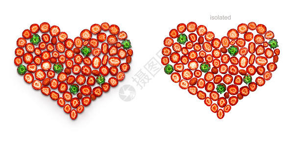 情人节爱的,创造的静物的心由切片草莓制成,隔离白色上图片