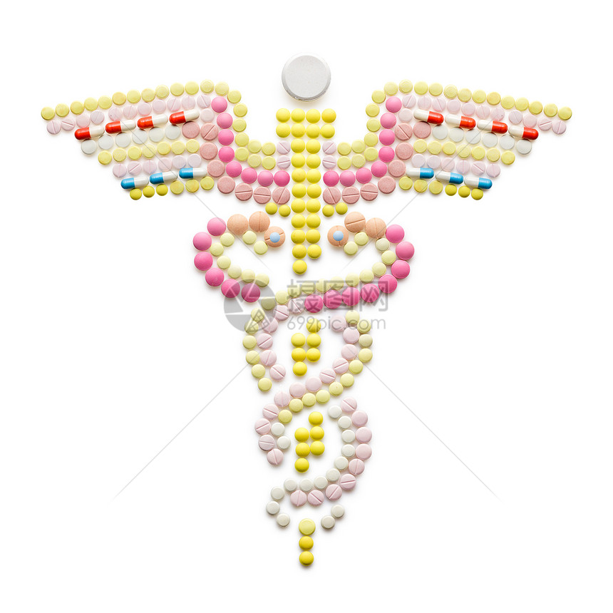 创造的医学医疗保健由药物药丸制成,隔离白色上卡杜塞医学象征商业象征,其特征蛇缠绕翼棒上图片
