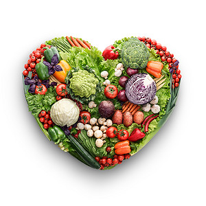 健康食品的,人类的心脏由蔬菜水果混合,减少死亡风险,隔离白色背景图片