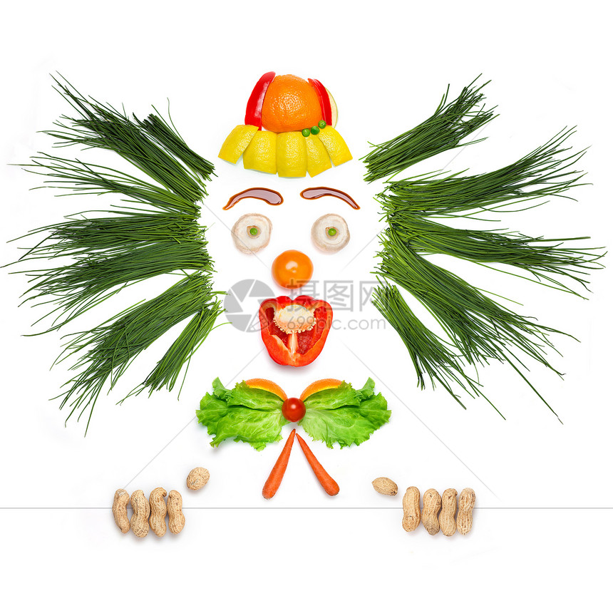 个创造的食物,个疯狂的小丑,由蔬菜水果儿童菜单图片