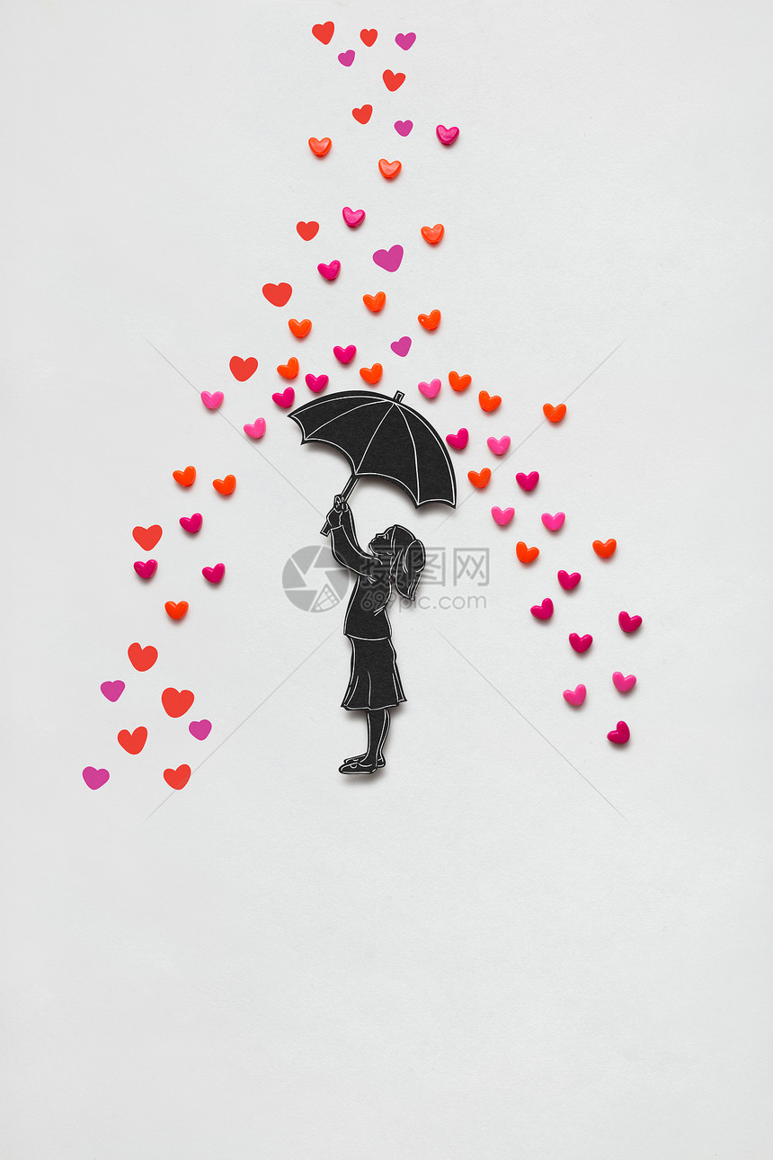 创意情人节照片,个女孩与伞雨心白色背景图片
