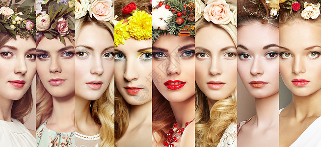 美女拼贴女人的脸花的漂亮女人时尚照片戴着花环的女孩图片