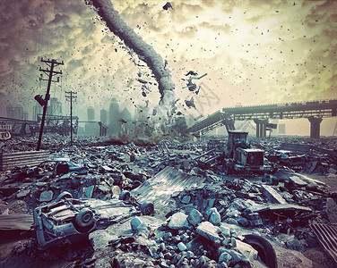 大楼废墟素材城市废墟龙卷风灾难景观三维插图背景