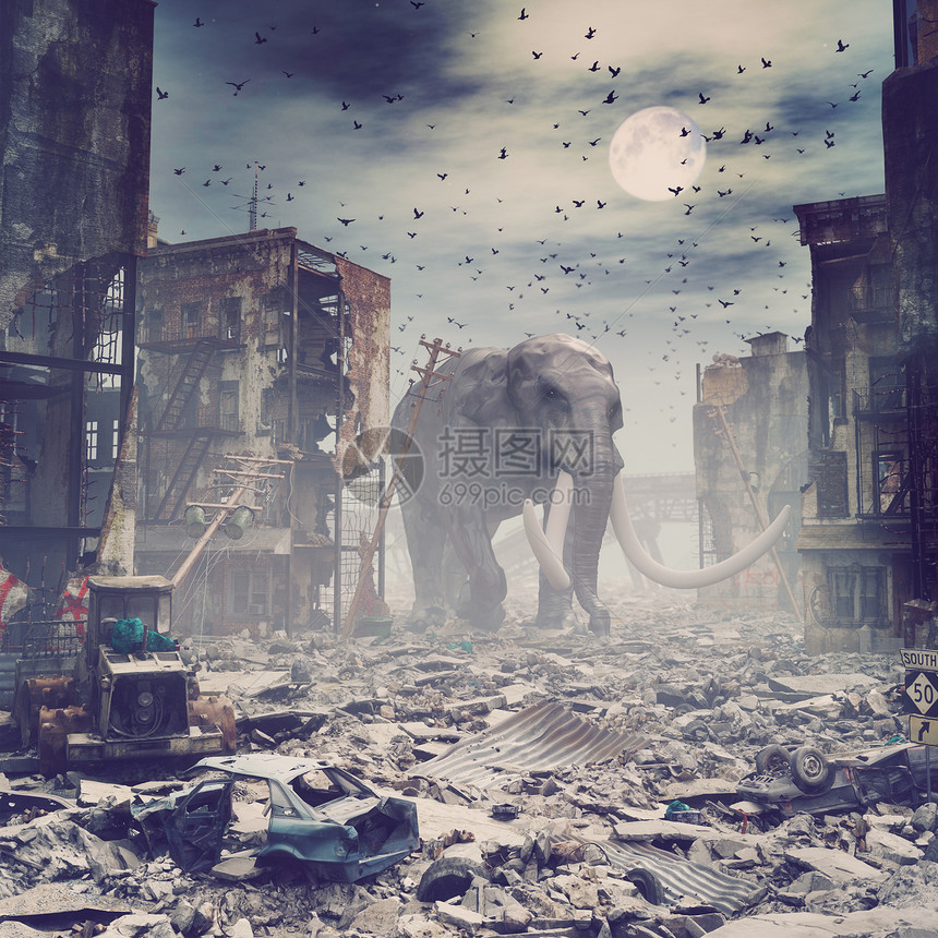 被摧毁的城市里的巨型大象创造的三维噪音增加了图片