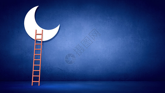 图像与梯子月亮蓝色背景背景图片