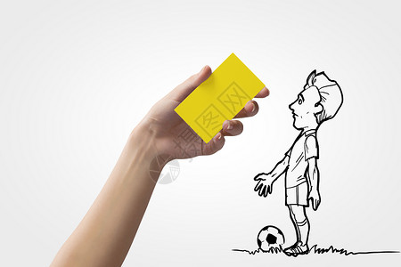 足球素材卡通警告卡足球运动员人手的漫画黄色卡片背景