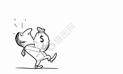 卡通钱币钱袋卡通趣的人滑稽男子白色背景上背着钱袋的漫画背景