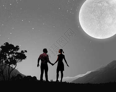 浪漫的站月光下的轻浪漫夫妇的剪影调情高清图片素材