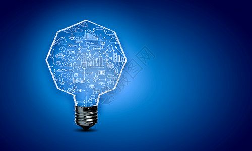 蓝色灯泡商业理念图像与灯泡商业草图背景