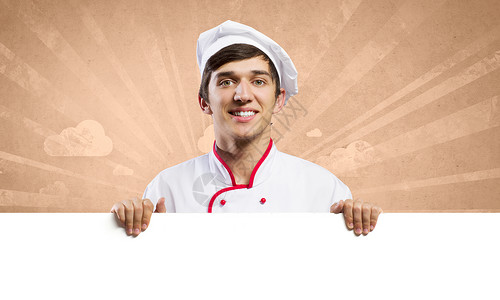 伙计,库克轻英俊的厨师着白色的空白横幅图片