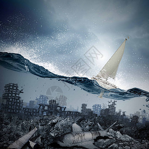 海底废墟沉没的城市漂浮的游艇海豚沉船上的水中游泳背景