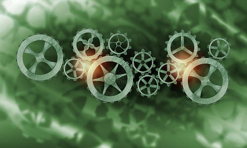 金属齿轮齿轮绿色背景下金属齿轮齿轮的机理图片