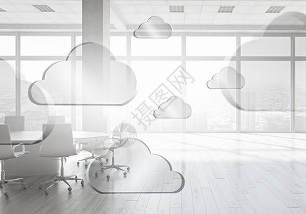 云计算白色优雅的办公室内部云连接三维渲染背景图片