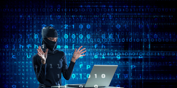 抢劫犯互联网安全穿深色衣服的黑客女人数字背景下用笔记本电脑设计图片