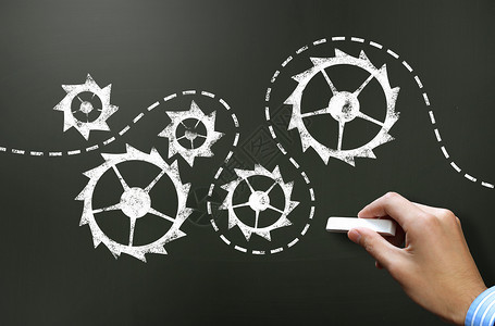 黑板人工作机制商人手绘与粉笔齿轮机构队合作的设计图片