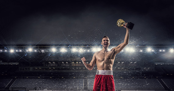 拳击手庆祝胜利竞技场的拳击手用金杯举手背景图片