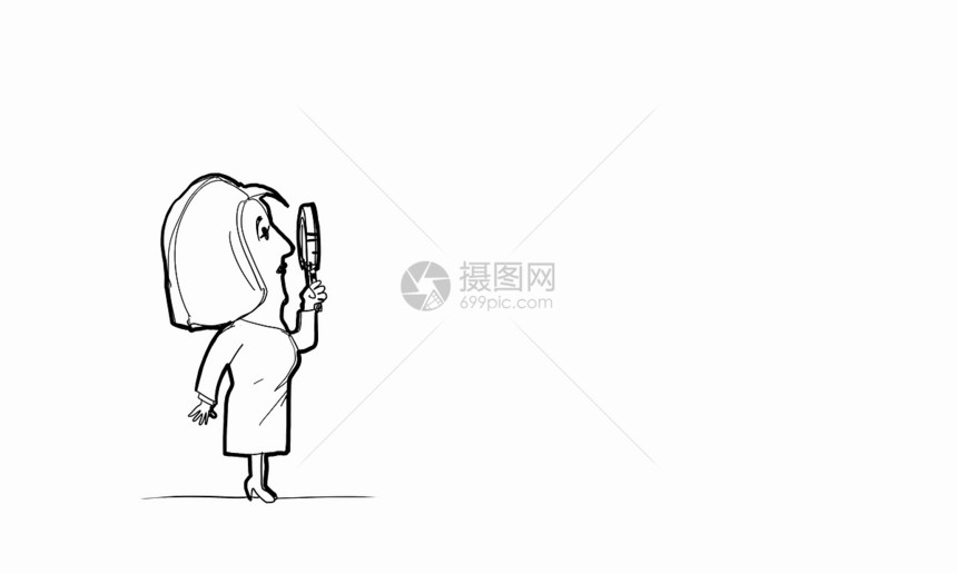 卡通趣的女人白色背景上放大镜的女人的漫画图片