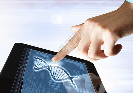 平板电脑屏幕上的DNA链平板电脑屏幕上的DNA螺旋抽象背景插图背景图片