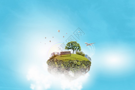 绿色生活理念绿色岛屿的齿轮漂浮天空生态图片