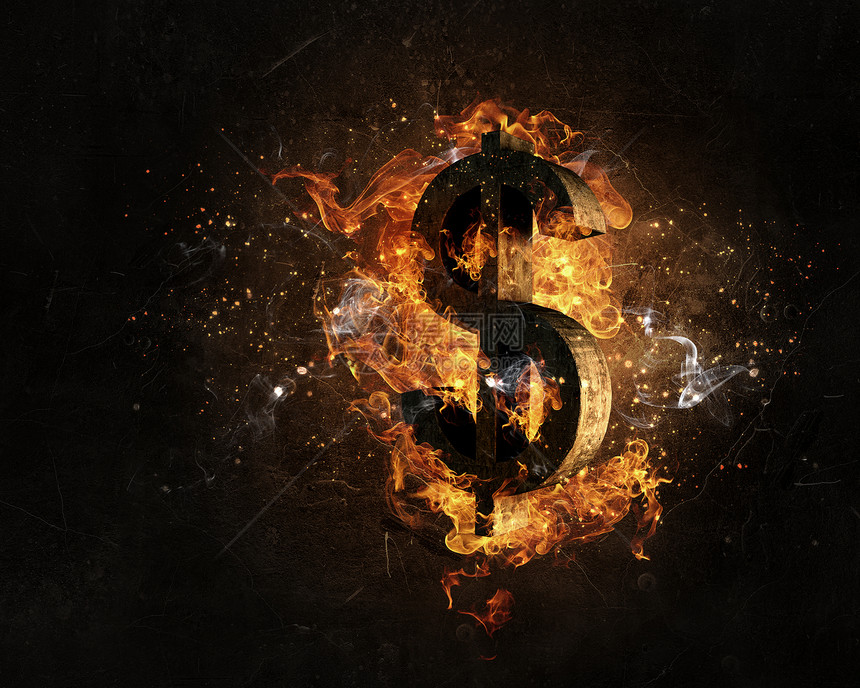 美元符号火中美元货币标志燃烧火焰黑暗的背景图片