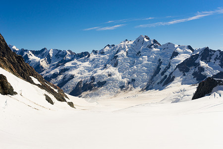 新西兰滑雪雪山峰山景雪,蓝天清澈背景