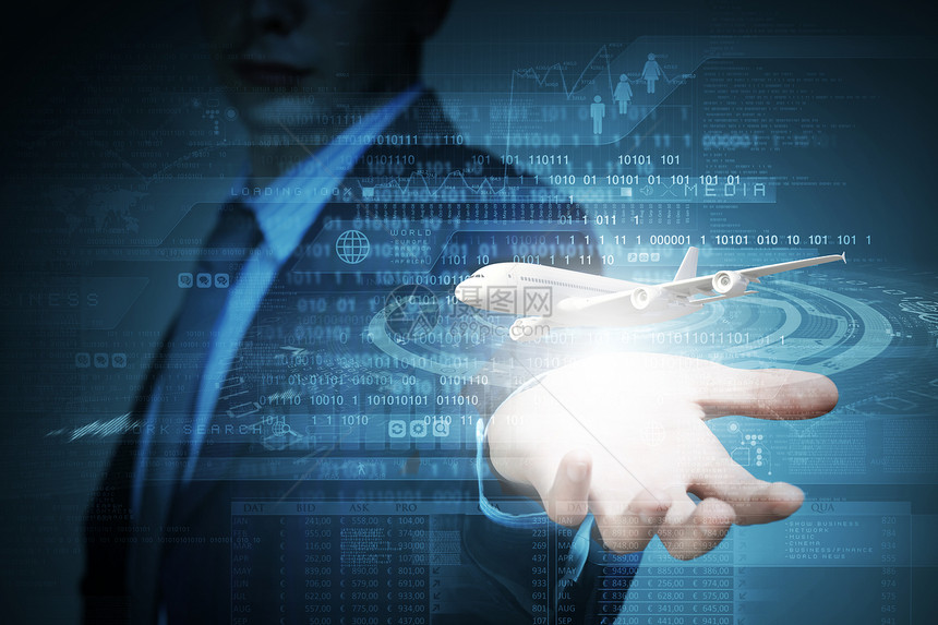 商务旅行商人数字背景与飞机棕榈图片