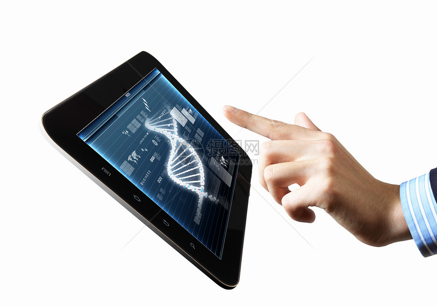 平板电脑屏幕上的DNA链平板电脑屏幕上的DNA螺旋抽象背景插图图片
