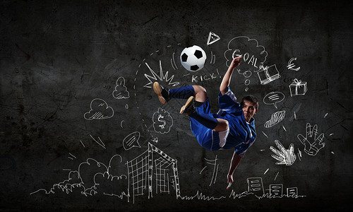 游戏策略足球运动员跳跃击球与草图背景图片