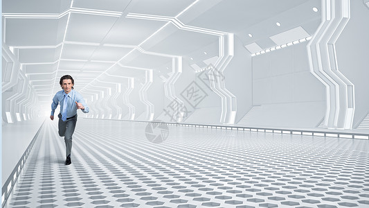 人虚拟房间中运行轻的商人未来的3D隧道里跑步图片