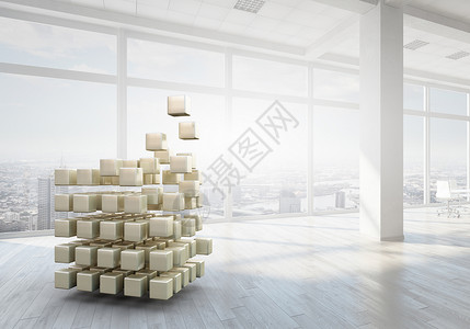 现代办公室的立方体白色办公室内部与三维立方体图片