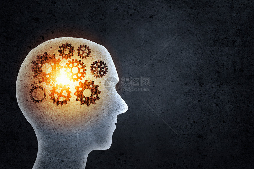 思维机制用齿轮机构代替大脑的人头轮廓图片