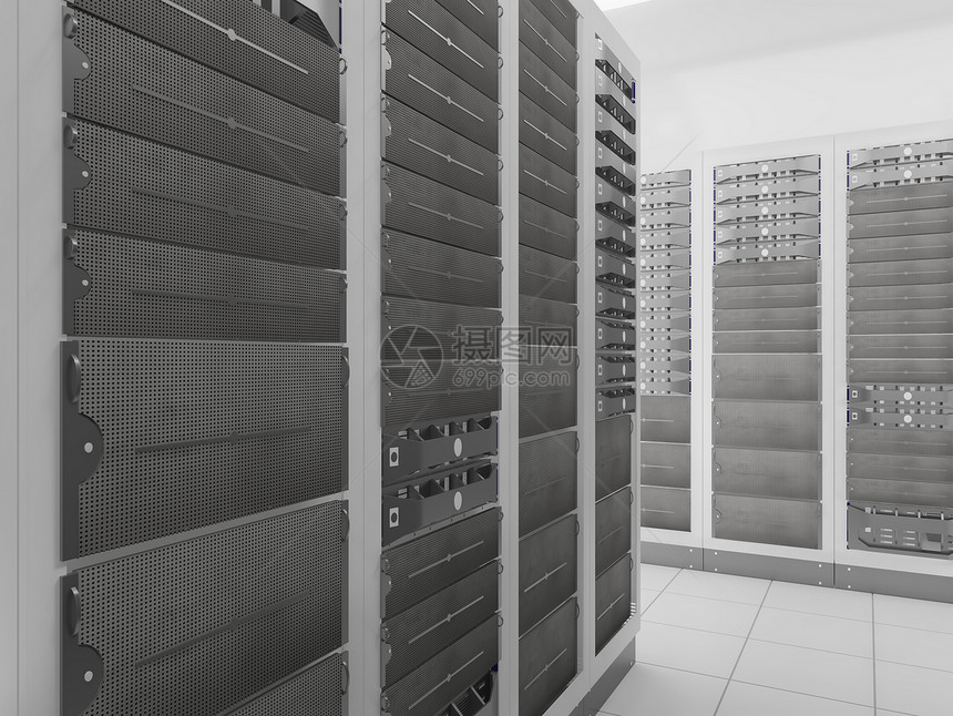 计算机网络服务器机房3D渲染代表互联网托管公司数据中心的