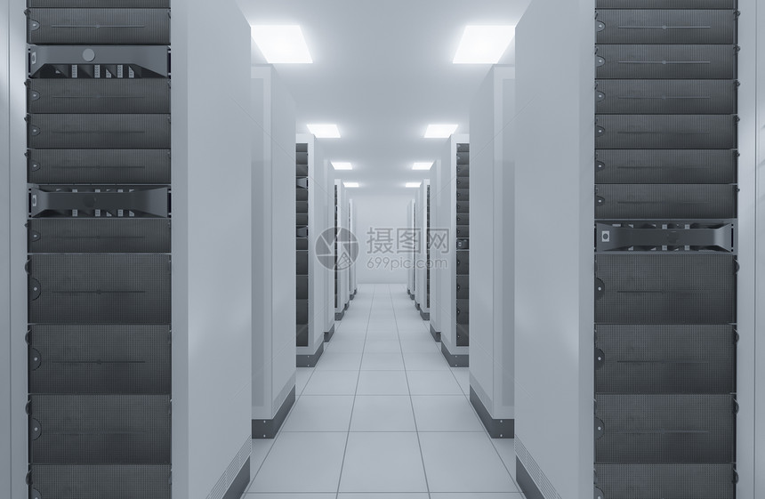 计算机网络服务器机房3D渲染代表互联网托管公司数据中心的图片