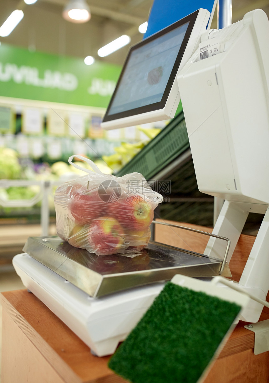 购物,销售,消费主义食品苹果塑料袋规模杂货店图片