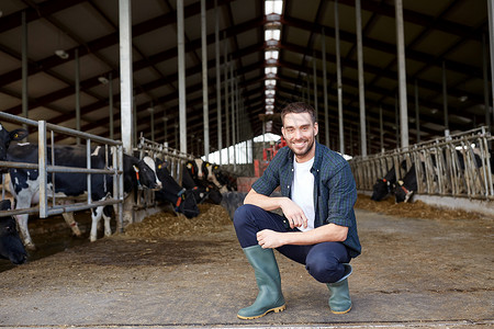 农业,人畜牧业的快乐的微笑轻人农民与牛群奶牛场的牛棚背景图片