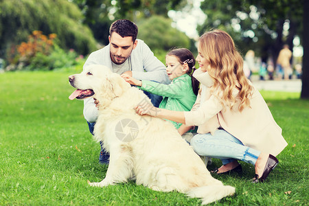 家庭,宠物,家畜人的快乐的家庭与拉布拉多猎犬夏季公园散步图片