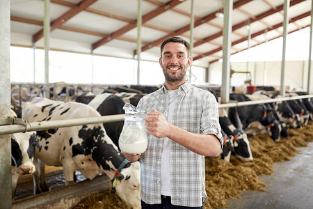 农业农业人畜牧业的快乐的微笑轻人农民,奶牛场的牛棚里放牛奶奶牛场上牛奶的人农民背景图片