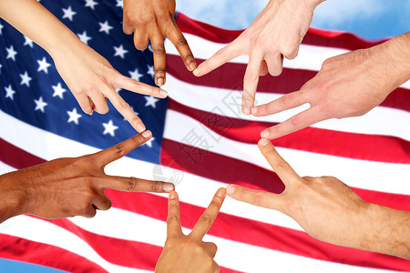 多样,主义,种族,国际人民的群展示平的手美国背景上签名群平迹象的国际人民图片