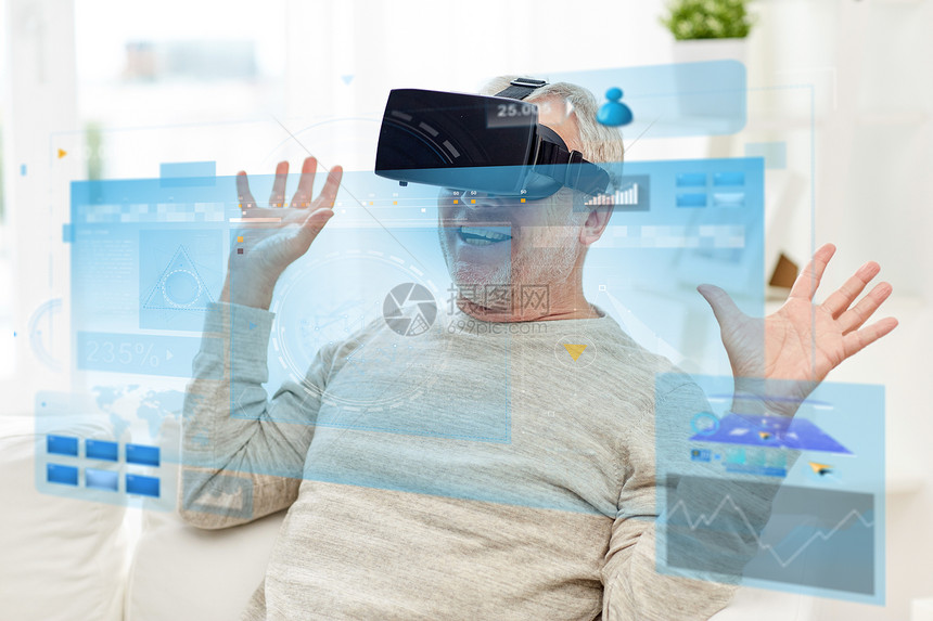 技术,增强现实,游戏,娱乐活动人的快乐的老人耳机3D眼镜与虚拟屏幕老人虚拟现实耳机3D眼镜图片