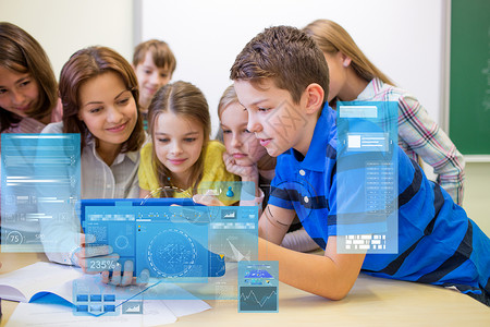 学情分析教育,小学,学,技术人的群孩子与教师期待平板电脑课堂虚拟屏幕投影群学校老师平板电脑的孩子背景