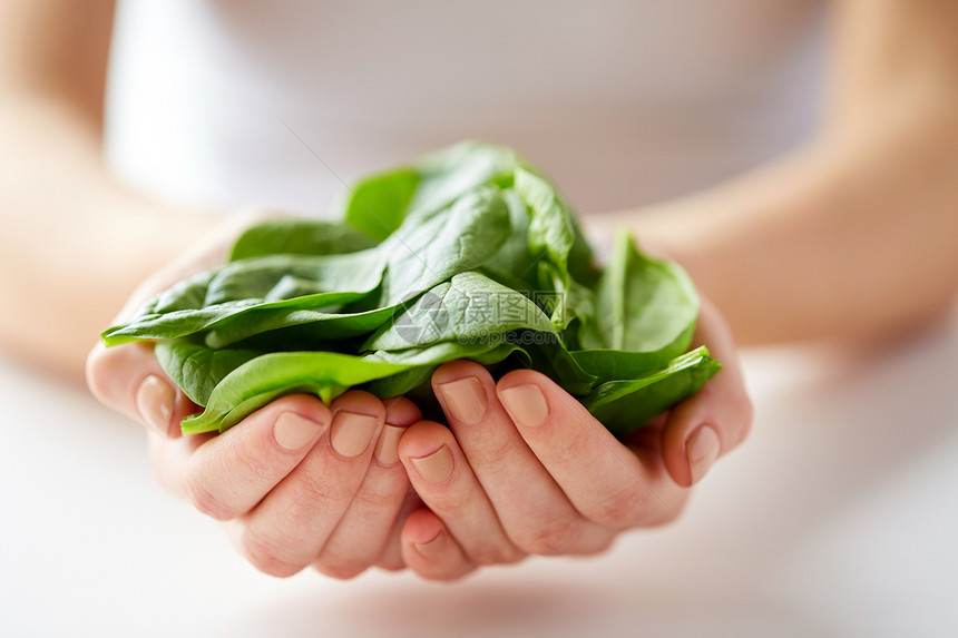 健康饮食,素食人的接近轻妇女菠菜叶紧紧握住菠菜叶的女人的手图片